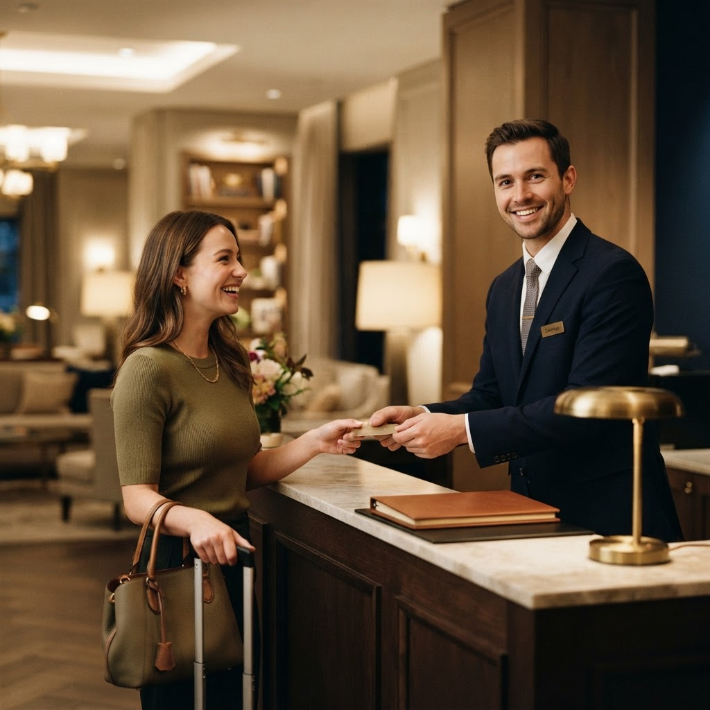 Hotel concierge greeting a guest at an upscale boutique hotel front desk