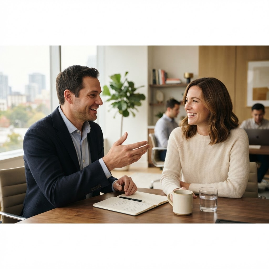 Two professionals in animated conversation across a desk in a modern office