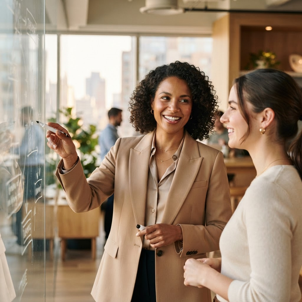 A consultant pointing to a plan on a glass board while a colleague listens