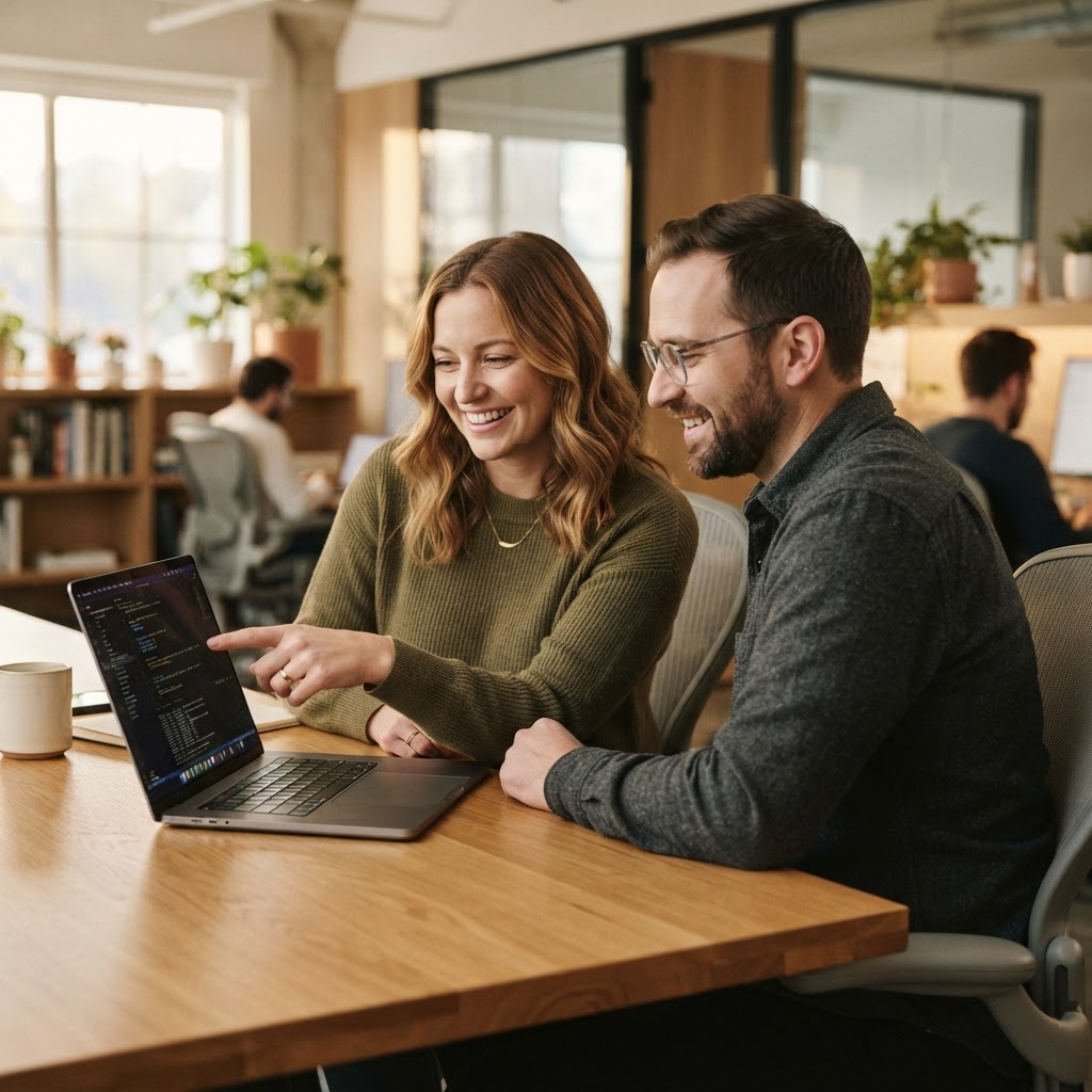 Two colleagues configuring an assistant together at a laptop
