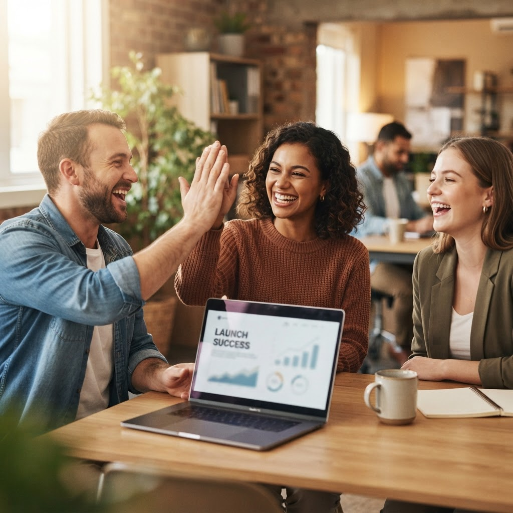 A small business team celebrating a launch moment together around a laptop