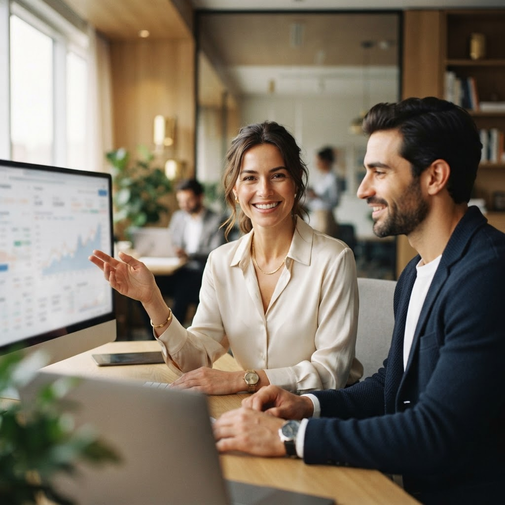 An analyst discussing results on a monitor with a colleague beside her