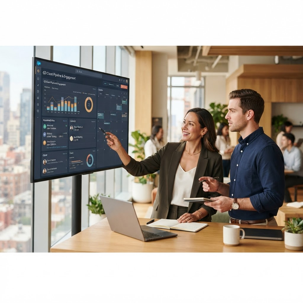 Two professionals reviewing connected CRM and calendar dashboards on a monitor