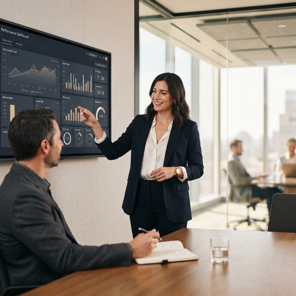 A professional presenting a performance dashboard with charts to a colleague